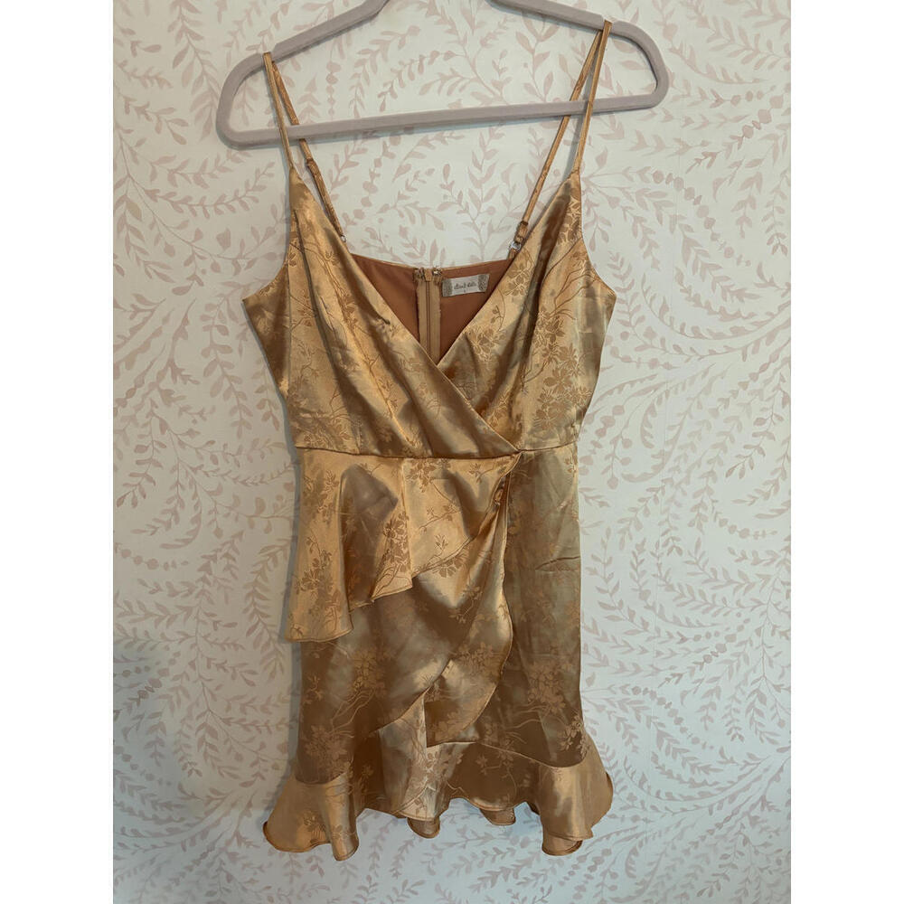 Altar'd State Gold Floral Satin Ruffed Mini Dress L - Picture 2 of 6
